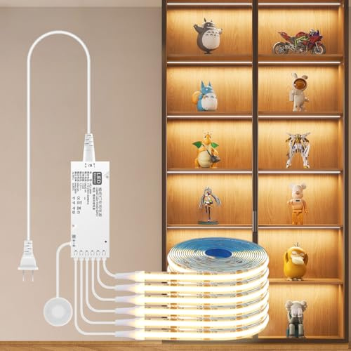 tlinkosta Cabinet Light COB LED Strip Lights 6-in-1 Dimmable Touch Control for Display Cabinets, Wardrobes, Kitchen, Wine Cabinets, Showcase & Shelf Lighting (Warm Light, 6.6ft)