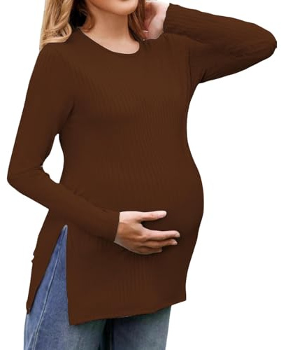 Blusa túnica mujer verano blusa de maternidad para mujer, camiseta de maternidad, básica escalonada, camiseta informal de embarazo, manga larga, parte superior transparente, 48, marrón, XL