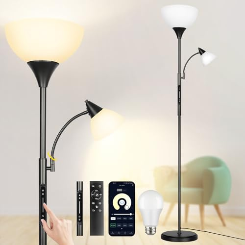 GOOGO Golvlampa för vardagsrum, 4 färgtemperaturer, justerbar ljusstyrka, golvlampa för vardagsrum med 2 lampor med touch-strömbrytare, app och fjärrkontroll, minnesfunktion