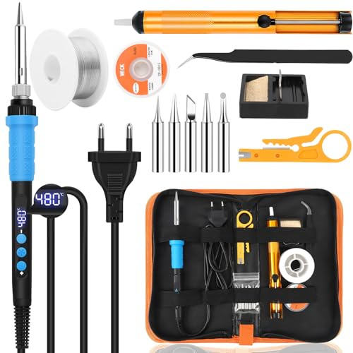 Dreamhigh® Fer A Souder Electronique De Precision Kit 80W Température Réglable 180-520°C Fer A Souder avec Interrupteur, 5 Conseils de soudage, Pompe à Dessouder, Fil de Soudure, Station de Soudage