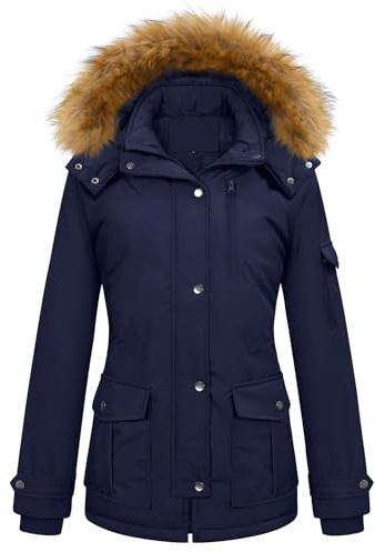 heekpek Manteau Femme Hiver Chic Vestes à Capuche en Fausse Fourrure Blouson Chaude Doublée en Polaire Manteaux à Manches Longues pour Dames Parka Imperméable Doudoune Zippée, Bleu Marine, L