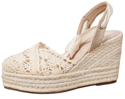Generisch Espadrilles pour femme - Sandales à lanières - Style bohème - En tricot - Sandales compensées - Aérées - Sangle enroulée - Lacets élégants - Chaussures de mariée - Talons hauts souples pour