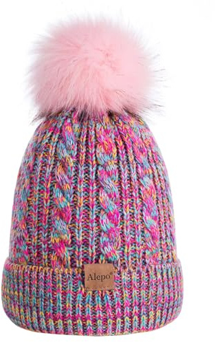 Alepo Kids Winter Beanie Hat, Children's Warm Fleece Lined Knit Thick Ski Cap with Pom Pom for Boys Girls (Mix Rainbow)