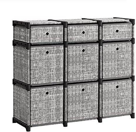 SONGMICS 9-Cube Drawer Organiser, Storage Unit with 9 Storage Boxes, Closet Organiser, Bookcase, 83.5 x 30 x 79.5 cm, for Bedroom, Living Room, Hallway, Heather Grey LSN603G12