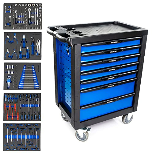 Hyundai 7 Drawer Tool Chest with 175 Piece Tool Kit, Rolling Tool Cabinet with Castors, Double-Depth Storage, DIY & Automotive Workshop, 2 Year Warranty