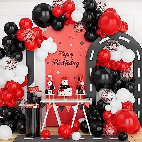Kit Arche Ballons Rouge et Noir, 125 pcs Guirlande Ballons de Baudruche Blanc Rouge Noir Confettis pour Garçon Filles Enfant Fêtes d'Anniversaire Mariage Baby Shower Remise des Diplômes Décoration
