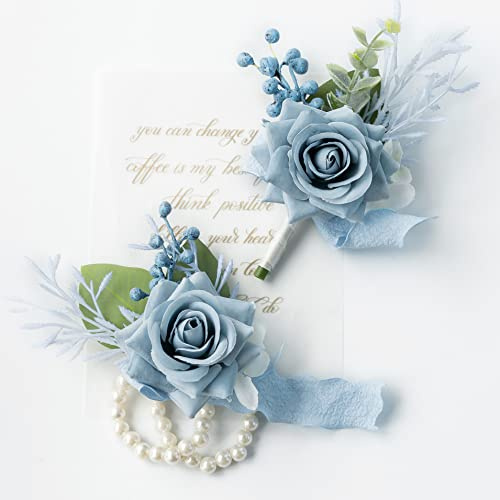 YSOJMAN Wrist Corsage Wristlet and Boutonniere Set for Wedding Bridesmaid Mother Grandmother for Bridal Shower Wedding Artificial Roses Flower Prom Set of 2 (Dusty Blue)