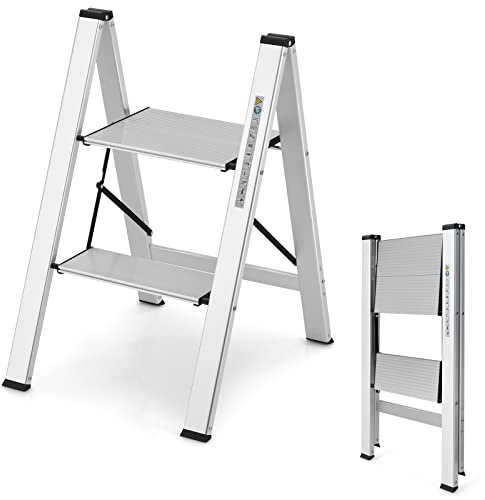 COSTWAY Marchepied Pliable 2 Marches en Aluminium, Escabeau Portable avec Plateforme Large Marche Antidérapante Pieds en Caoutchouc Charge 150KG, pour Maison Bureau (49 x 44 x 66 cm)