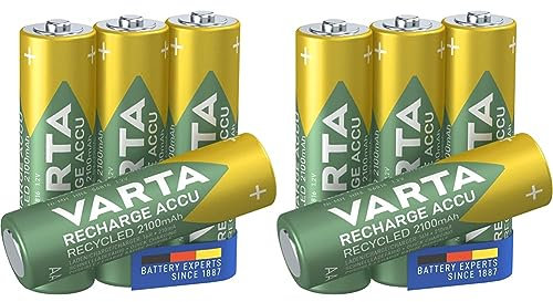 VARTA Batterien AA, wiederaufladbar, 4 Stück, Recharge Accu Recycled, Akku, 2100 mAh NI-MH, aus 21% recyceltem Material, vorgeladen, sofort einsatzbereit (Packung mit 2)