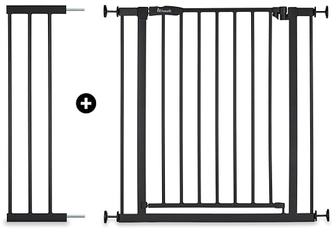 hauck Treppenschutzgitter Türschutzgitter Open N Stop 2 inkl. 21 cm Verlängerung für Breiten 96-101 cm, ohne Bohren, Einhändiges Beidseitiges Öffnen, Manueller Schließmechanismus, Metall (Black)