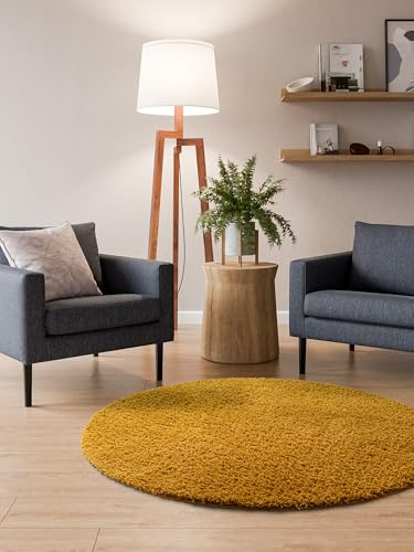 Interiyou Hochflor Teppich Sofia - 80x80 cm Rund Gelb - flauschig und einfarbig - waschbar und rutschfest - weicher Langflor