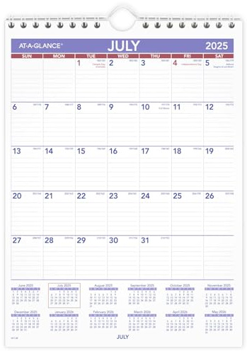 AT-A-GLANCE Calendario de pared 2025-2026 académico, mensual, 8 x 11 pulgadas, pequeño, bloques diarios rayados (AY128)