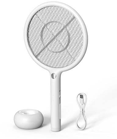 QEXREED Elektrische Fliegenklatsche, 4000 V Hochleistungs-Elektrische Fliegenklatsche, Über USB Aufladbar Mit LED-Licht, Dreifach Gesichertes Gitter, Für Den Innen- Und Außenbereich, Weiß