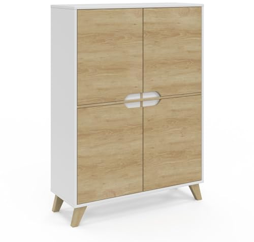 IDMarket - Armario de almacenamiento de 4 puertas, Helsinki, escandinavo, blanco y madera