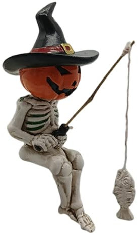 Hbbgdiy Fishing Skeleton Decor 4.5 Inch Halloween Skull with Fishing Rod Resin Skeleton Figure Pumpkin Head Decoration for Garden Pond Yard or Indoor Display