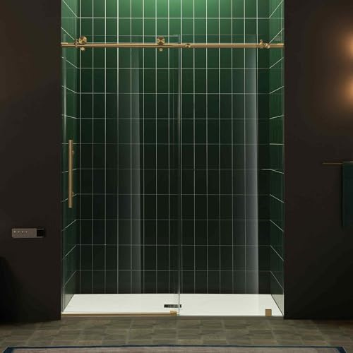 Woodbridge 56-60 W x 80 H Frameless Single Sliding Shower Door with Tempered Glass & Explosion Proof Film in Brushed Gold Finish