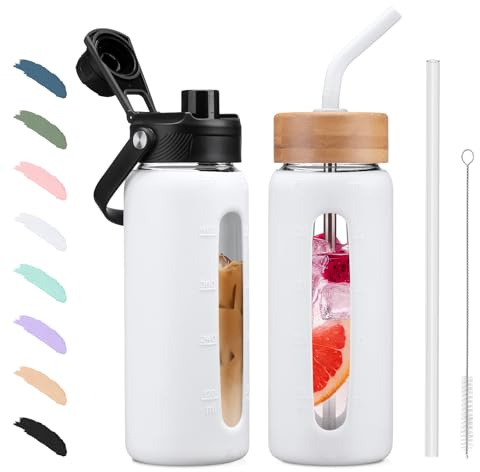BLUEGO 600ml Glass Water Bottle with Straw and 2 Lids Glass Coffee Cup with Time Marker and Silicone Protector Glass Tumbler for Beverages Soda Cola BPA Free, White