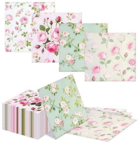 Kotkiddy 40 Serviettes de Printemps 33x33cm Roses Vintages Papier Rose Vintage Floral 4 Motifs Décoration de Table pour Jardin Pique-Nique Thé Party