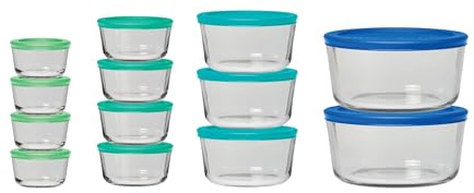Anchor Hocking 26 Piece Glass Storage Containers with Lids (13 Glass Food Storage Containers & 13 Mixed Blue SnugFit Lids)