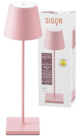 SIGOR Nuindie - Dimmbare LED Akku-Tischlampe Indoor & Outdoor, IP54 spritzwassergeschützt, Höhe 38 cm, aufladbar mit Easy Connect, 12 h Leuchtdauer, zartrosa