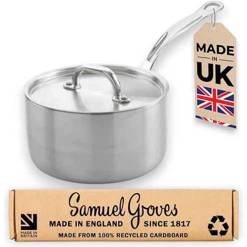Samuel Groves 18cm Stainless Steel Saucepan with Lid, Tri-Ply Induction Sauce Pan, Oven Safe Professional Cookware, Uncoated Metal Pan for Gas, Electric & Ceramic Hobs, Made in England Since 1817