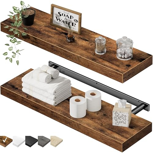 QEEIG Floating Shelves for Wall 23.6 Long - Wall Mounted Shelf Bathroom Kitchen Living Room Bedroom Farmhouse Home Decor Display Bookshelf Set of 2, Rustic Brown (008-60BN)