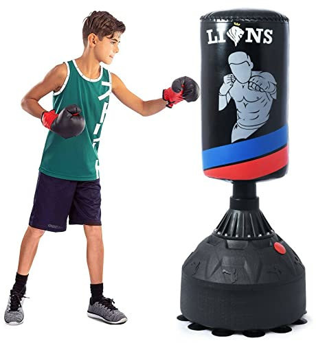 Lions Childrens Freestanding Punch Bag with Boxing Gloves 6oz Set - Kids Martial Arts Training Karate Workout Exercise Pedestal Free Standing Sparring Punching Kickboxing Stand