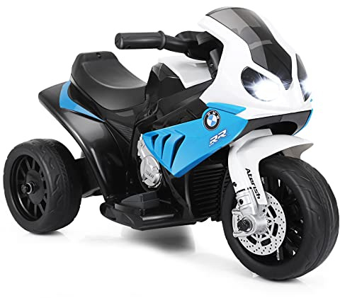 COSTWAY BMW Elektrisk motorcykel med musik och strålkastare, 6 V, trehjulig, barnmotorcykel upp till 3 km/h, elektrisk motorcykel med 2 stödhjul, lämplig för barn från 18 - 36 månader, blå