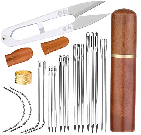 23 aiguilles en cuir de cuir 7 tailles d'aiguilles à coudre de la main en cuir, aiguilles incurvées avec lit de doigt, ciseaux pour cuillère à coudre en cuir et tricot à coudre à la main