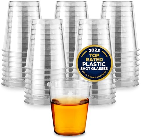 1.5 oz Shot Glasses - 100 Mini Plastic Shot Glasses (1.5oz) Clear Disposable Cups for Jello Shots, Wine Tasting, Liquor, Whiskey, Pudding, Sample Cup for Halloween and Elegant Partiest
