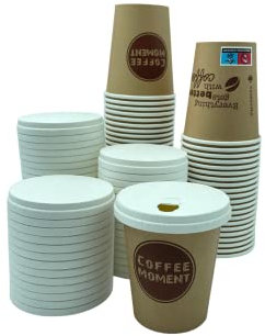 CLEARFEE Lot de 100 gobelets en carton de qualité supérieure + 100 couvercles en carton - Gobelets à café jetables 200 ml - Gobelets à café à emporter avec couvercles en papier durables