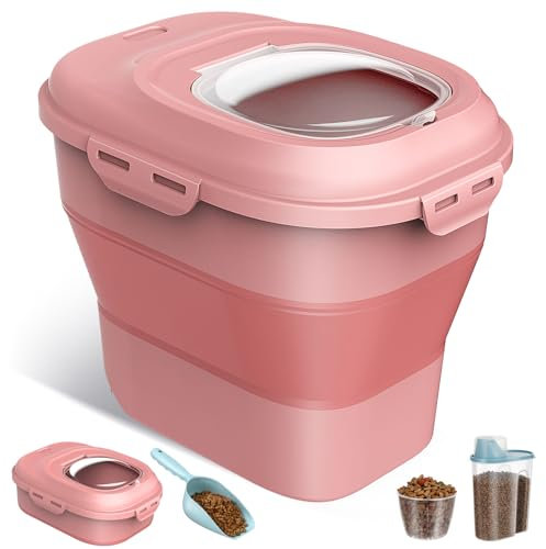ANVS Dog Food Storage Container - Collapsible Dog Food Container with Airtight Lids, Scoop and 2.5L Small Pet Food Storage Container Dry Food For Dog, Cat and Other Pet Food (Pink, 30 lbs)