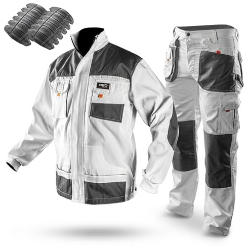 NEO TOOLS Pantalon de Travail Professionnel (Veste, Genouillères) Blanc | Vêtement de Sécurité, Pantalon de Peintre, Taille S à XXL
