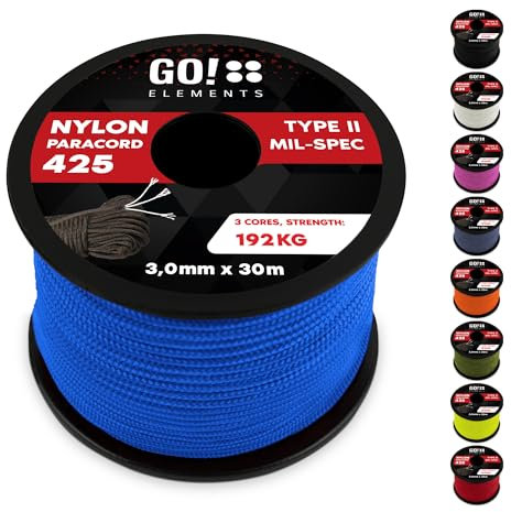 GO!elements Paracord de Nylon Resistente al desgarro 3mm – Tipo II 425, línea Multiuso para Exteriores y Supervivencia, Carga máx. 192kg