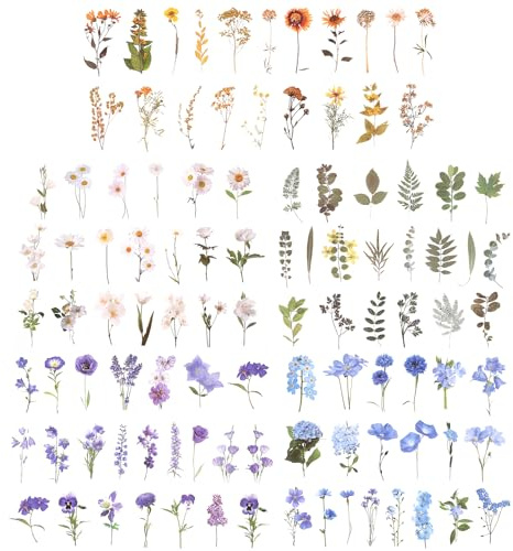 Giantree 200 Pcs Pressed Flower Themed Stickers, Vintage Dried Floral Botanical Journaling Stickers Transparent Flower Stickers for Adult Scrapbook Supplies Bullet Junk Journal Bottles Planner Laptop