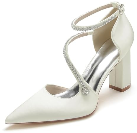 smlekwc Zapatos De Novia De Satén Puntiagudos para Mujer Zapatos De Novia Cruzados con Diamantes De Imitación Zapatos De Vestir De Fiesta De Tacón Alto,Marfil,37 EU