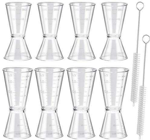 PIWOSGOL 8 Pcs Cocktail Jigger Vaso Doble, 10ml 20ml 40ml Vaso Medidor Cocktail de Plástico, Vaso Medidor para Cócteles, Jigger de Cóctel con 2 Pcs Cepillo de Limpieza Corto (Transparente)
