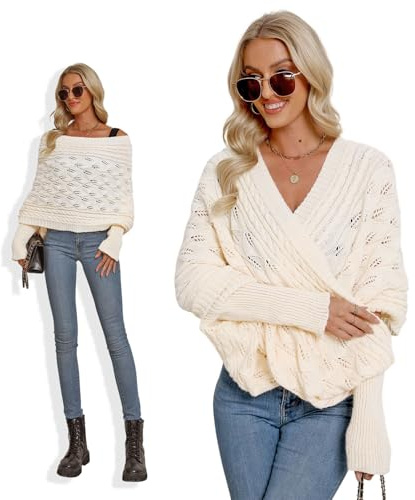 Asudaro Écharpe en tricot avec manches pour femme - Pull d'hiver tricoté multifonction - Motif torsadé - Mode - Poncho - Cape - Étole - Couleur unie
