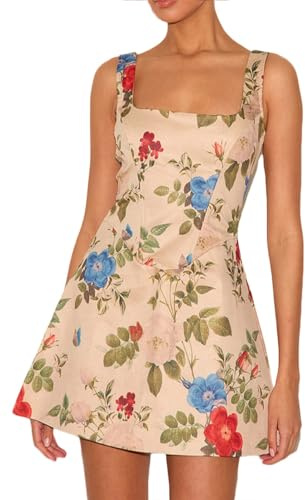 Beaufident Women's Floral Jacquard Dresses Adjustable Strap Sundress A-Line Tank Mini Dress Beige