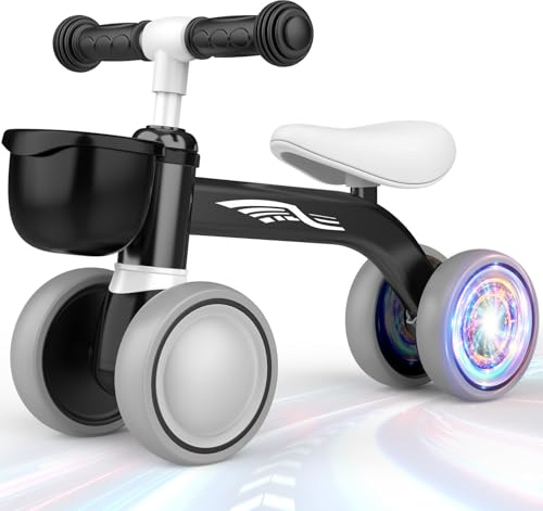 HappyGoLucky Baby Balance Bike 1 2 3 Years Old, Baby Walker Outdoor Toys for 1-3 year old Boys With LED Colorful Lighting Wheels & Removable Basket, 1st Birthday Gifts for Boy Garden Bike