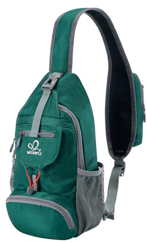 WATERFLY - Mochila pequeña empacable tipo bandolera con correa para el hombro y el pecho, para senderismo y viajes, Turquesa, 14.5 x 7.9 x 3.5 inches, Mochilas Sling