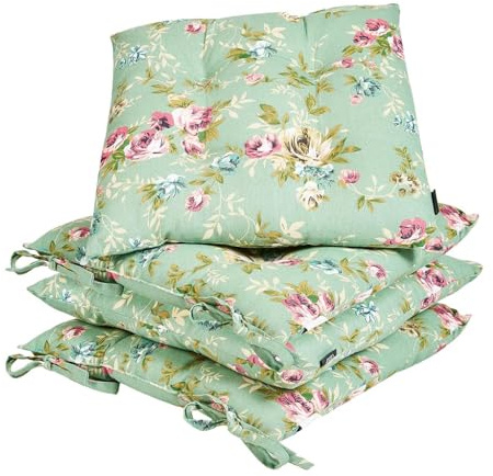 Dining Chair Seat Pad Set of 4 Tie On Floral Print Chair Cushions (Green)