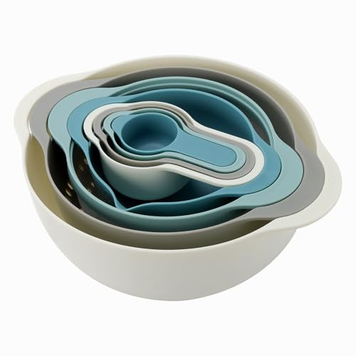 YUENPUN Set di 8 ciotole in plastica con ciotole per mescolare, ciotola filtrante, setaccio dosatore, bacino d'acqua, utensili da cucina multifunzionali per la cottura e la preparazione degli alimenti