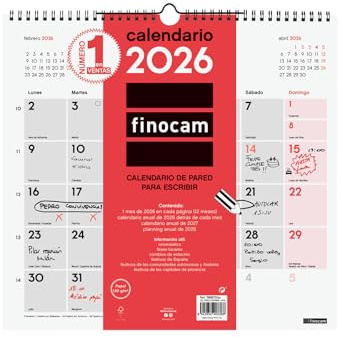 Finocam - Calendario de pared 2026 Mes Vista Enero - Diciembre (12 meses) | Calendario 2026 para anotar | Planificador mensual Neutro - Español