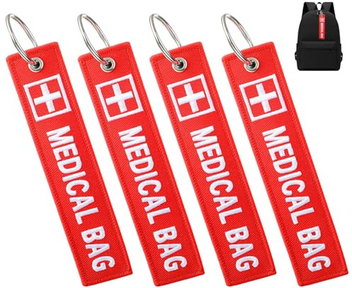 4PCS Medical Alert Bag Tag Double-Sided Medical Equipment Red Keychains Label Reusable Durable Luggage ID Tags for Backpacks Purse Travel