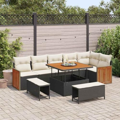 Frdhee Ensemble de canapés de jardin, 9 pièces, noir et crème, 100 x 100 x 71 cm, groupe de bancs d'angle pour l'intérieur et l'extérieur