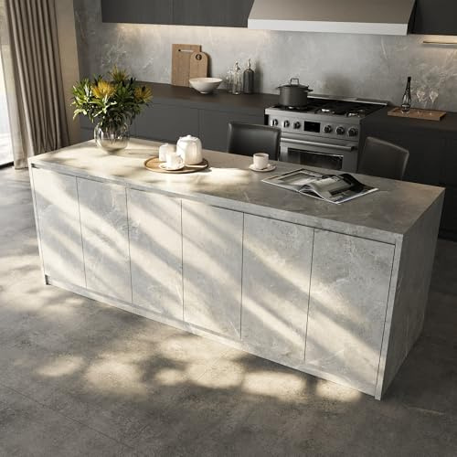 Homsee 94.5 Large Kitchen Island with 6 Doors, Grey with Marble Veneer | Home Bar Table Kitchen Station with Seating, Wood Stationary Island Table Breakfast Counter for Dining Room
