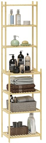 HOMCOM Mobile Scaffale Bagno in Bambù a 7 Ripiani Portaoggetti, Scaffalatura per Doccia, Mensola Libreria Mobile Contenitore per Soggiorno e Salotto, 44x33x180 cm, Colore Legno