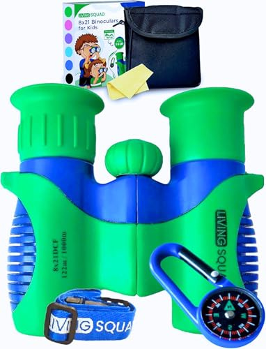 Kids Binoculars 8x21 Shockproof Ages 3–12 with Case, Neck Strap, Compass & Carabiner | High Resolution Optics for Birdwatching, Camping & Hiking