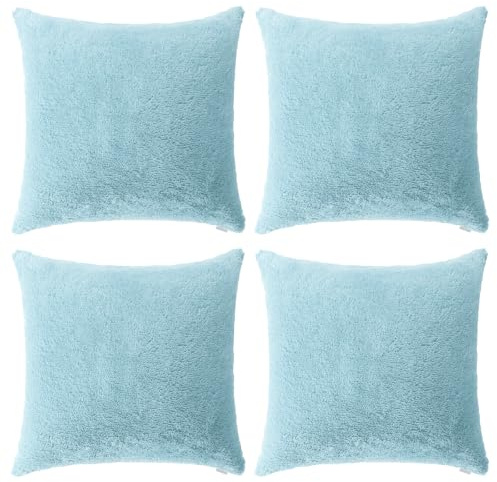 Thmyo 4-Pack Super Soft Fluffy Faux Fur Cushion Covers 45x45 cm Sky Blue | Comfortable Plush Square Throw Pillow Cases Decorative Pillowcases for Sofa Bed Couch Living Room Home Decoration